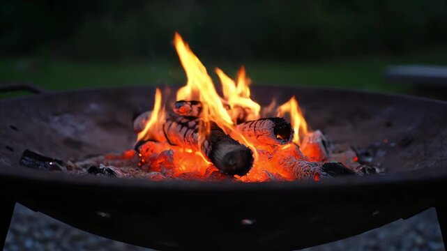 A captivating fire pit glowing with radiant flames amidst the tranquil summer evening, symbolizing a peaceful outdoor living concept