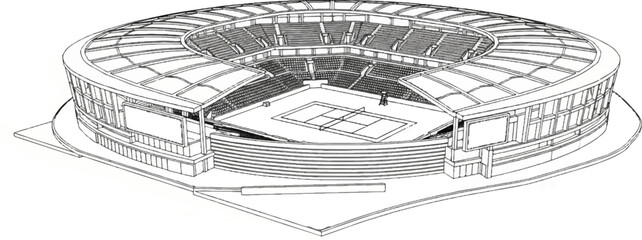 Obraz premium Wireframe sketch of a large, open-air tennis stadium with tiered seating