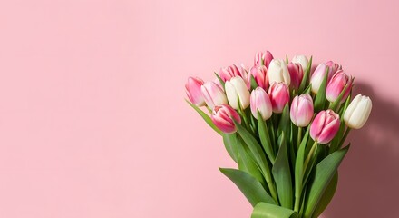 Fototapeta premium Happy mothers day bouquet of pink and white tulips on pastel background