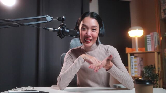 Smiling beautiful asian female podcaster in headphones holding a digital tablet and stylus at her desk in a modern home studio, preparing for a live podcast recording.