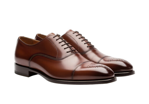 Brown leather dress shoes with brogue details lace-up formal footwear isolated on transparent background