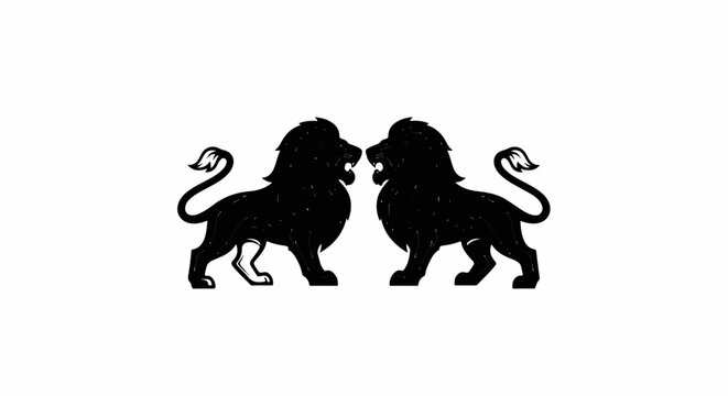 Two black lions facing each other, roaring ferociously