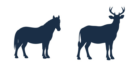 Obraz premium Horse and deer stand side by side in dark outline silhouette