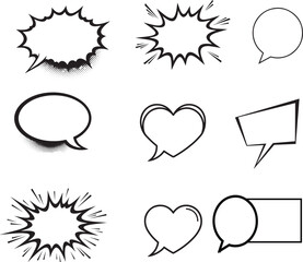 Black and White Comic Speech Bubble Set &ndash; Explosion, Heart and Dialogue Balloon Vector