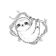 Fototapeta premium Hand drawn ink sketch of Kawaii Anime Sloth hanging isolated on white. Chibi jungle stamp.