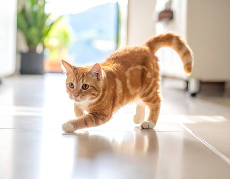 Playful ginger tabby kitten in a bright, sunlit hallway, ready to pounce
