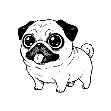 Hand drawn ink sketch of Kawaii Anime Pug dog isolated on white. Chibi puppy stamp.