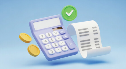 Calculator with checkmark and floating coins next to a scrolling receipt on a light blue background, 3d rendering concept © yekes