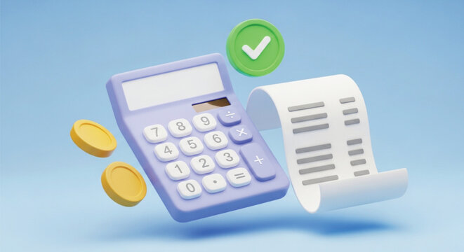 Calculator with checkmark and floating coins next to a scrolling receipt on a light blue background, 3d rendering concept