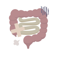 Illustration of an unhealthy-looking intestine with a bandaid on it