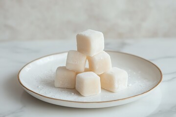 A few mochi ice cream treats neatly stacked on a serving plate.