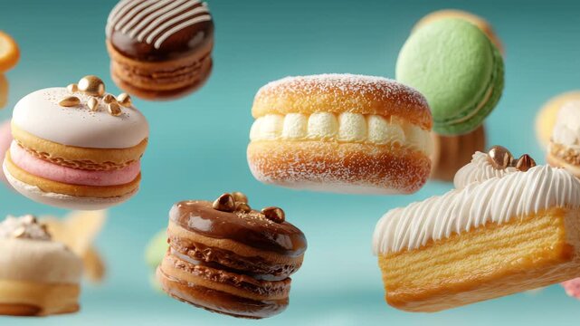 Delight in a vibrant collection of pastries showcased in mid-air, including macarons and cream-filled treats. Each dessert exhibits careful craftsmanship and colors.