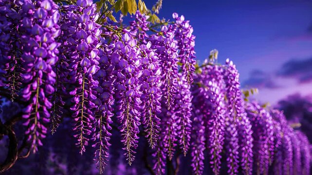 Purple wisteria flowers cascading gracefully from a trellis in a tranquil garden at twilight