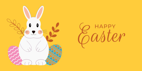Easter banner featuring a cute bunny and decorative eggs on a bright background is a festive illustration for cards, greetings, social media, advertising, and spring design