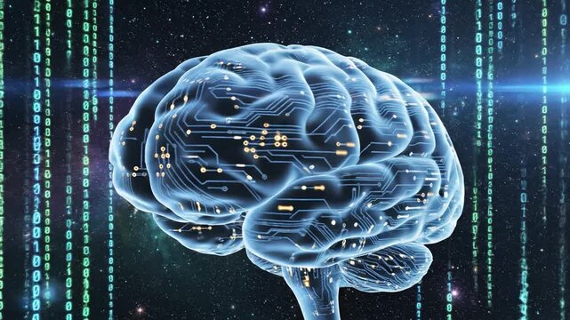 AI brain in space with binary code