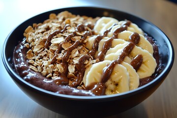 A vibrant smoothie bowl featuring acai puree, bananas, and crisp granola.