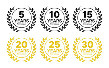 Obraz premium 5, 10, 15, 20, 25, 30 Years Anniversary Badge Logo Set Luxury Gold and Black Laurel Wreath Celebration Vector