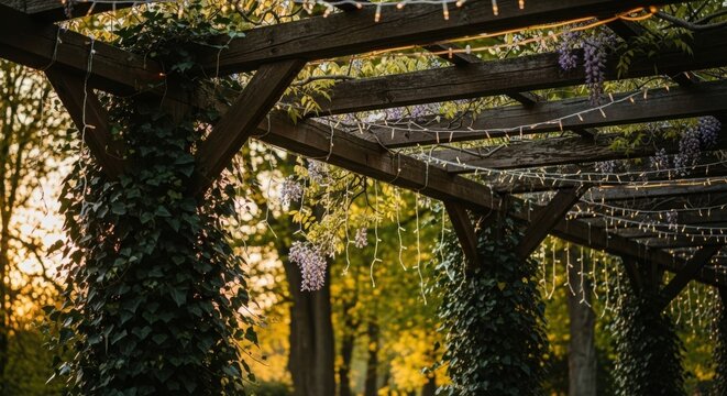 Pergola structure with string lights, ivy, romantic garden ambiance. Wooden pergola structure features beams, foliage, warm illumination for evening events.
