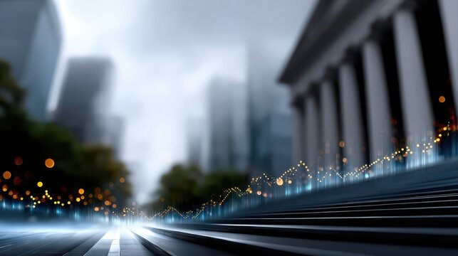 Abstract smart city financial data visualization with glowing bokeh chart line on urban street background