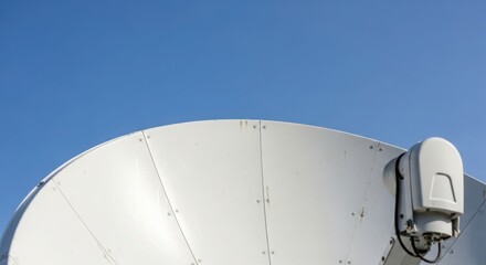 Large white satellite dish stands against clear blue sky, receiving communication signals. Modern satellite dish technology provides global broadcasting and data transmission.