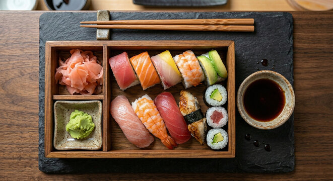 A top-down, "flat lay" photograph of a traditional wooden bento box filled with assorted sushi. The box contains six neat pieces of rainbow roll, four pieces of nigiri (salmon, ebi, tuna, unagi)