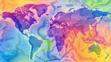 Naklejka premium A colorful abstract world map with vibrant swirls of blue, purple, green, and yellow. The continents are outlined in a fluid, artistic style.