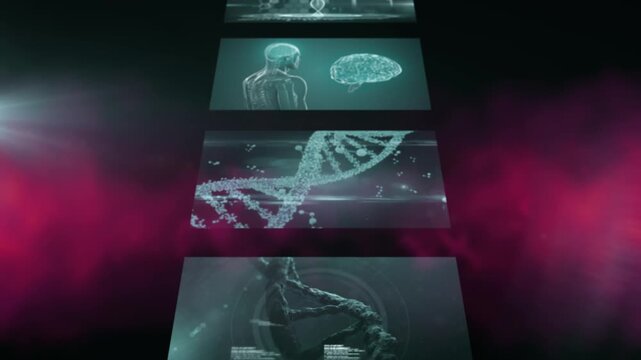 Animation of scientific data processing on screens on black and pink background