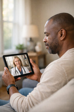 Home telehealth consultation on tablet with doctor