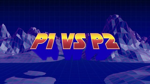 Animation of p1 vs p2 over blue metaverse landscape