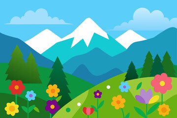 Fototapeta premium Vector illustration of colorful mountain landscape with flowers