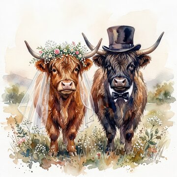Two highland cattle dressed as a bride and groom stand in a field, with the bride donning a floral crown and veil and the groom sporting a top hat and bow tie