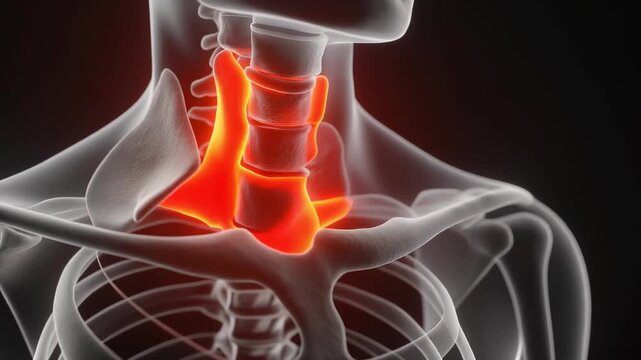 3d render animation of Human skeleton with highlighted neck spine.