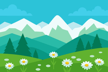 Fototapeta premium Vector illustration of mountain landscape with flowers and trees