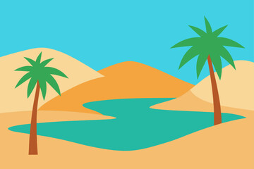 Fototapeta premium Vector illustration of desert landscape with palm trees and oasis