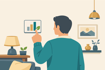 Person checking smart energy consumption dashboard, monitoring green home automation