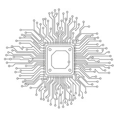Detailed illustration of a microprocessor chip with circuit board connections.