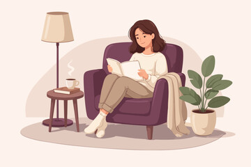 Woman enjoying a book, sitting comfortably in an armchair with coffee and a plant nearby