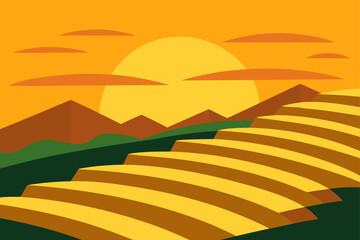 Vector illustration of a sunset over a vineyard landscape