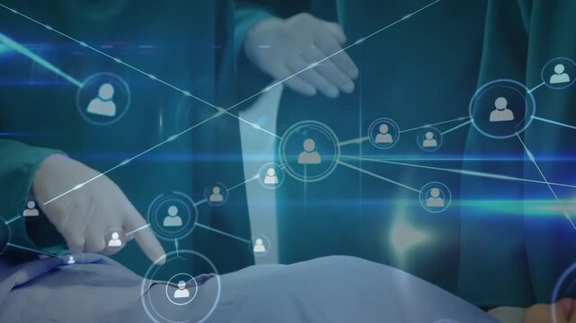 Animation of network of connections over diverse surgeons during surgery