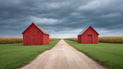 Obraz premium Scenic Rural Landscape with Two Red Barns Beside a Gravel Road in a Beautiful Country Setting