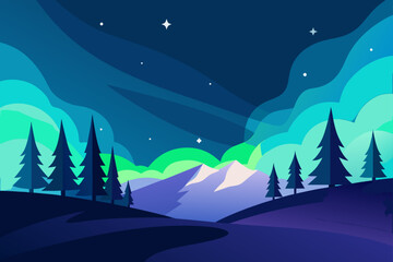 Obraz premium Vector illustration of night landscape with mountains and trees
