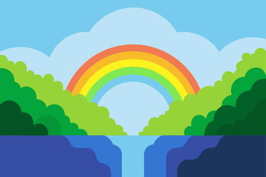 Vector illustration of a rainbow over a waterfall