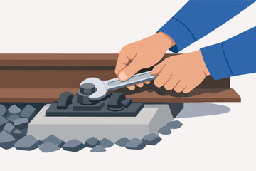 Worker hands repairing railway track bolt with wrench, performing maintenance work