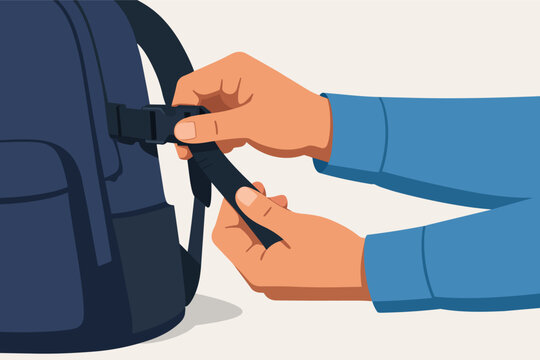 Hands buckling backpack strap, ensuring luggage security for school or travel