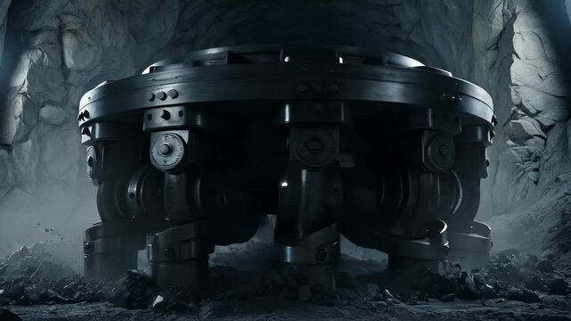 Tunnel Boring Machine Excavating Rock in Dark Cave, Industrial Construction
