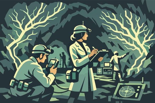 Scientists exploring underground cave, discovering new geological formations and research