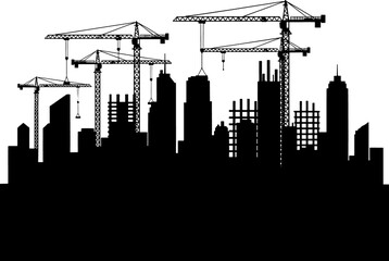 Naklejka premium Black silhouette of city skyline with construction cranes