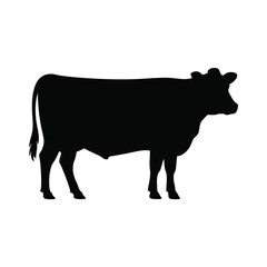 A black silhouette of a cow standing in profile against a white background