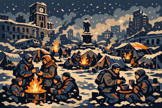 People surviving winter in a snowy city camp, finding warmth and community