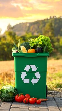 Green bin overflowing with fresh vegetables sits outside against a sunny, grassy background